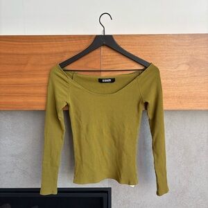 Reformation Ribbed Olive Green Long Sleeve Top, Size M